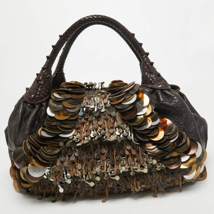 Pre Owned Fendi Choco Brown Leather and Zucca Canvas Embellished Spy Bag