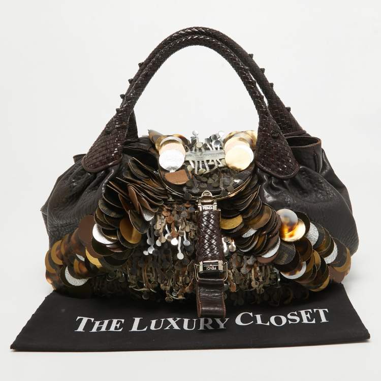Pre Owned Fendi Choco Brown Leather and Zucca Canvas Embellished Spy Bag