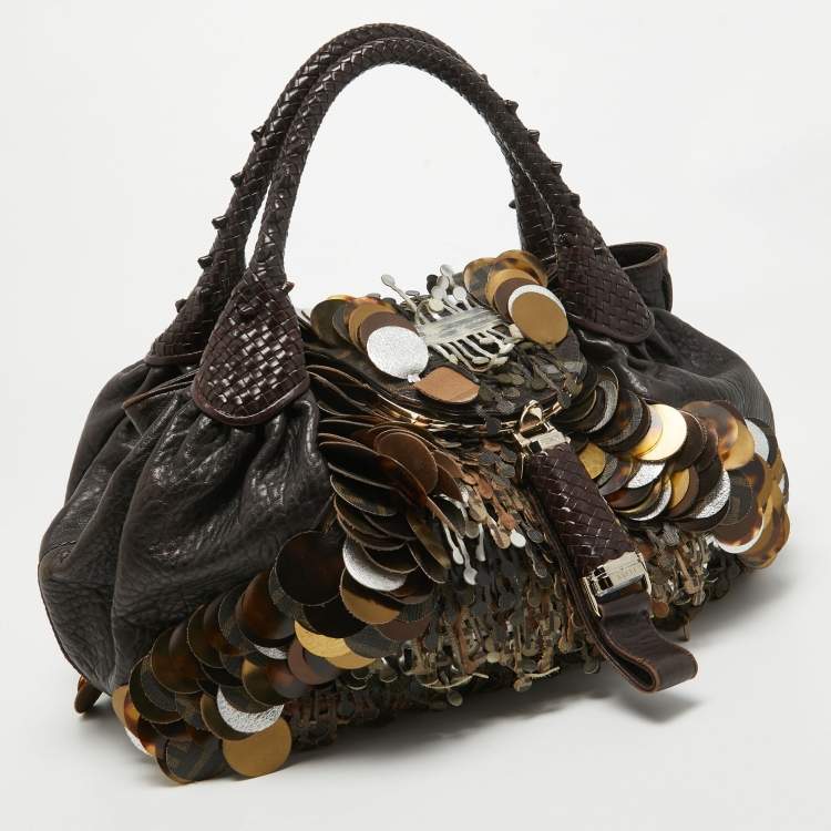 Pre Owned Fendi Choco Brown Leather and Zucca Canvas Embellished Spy Bag