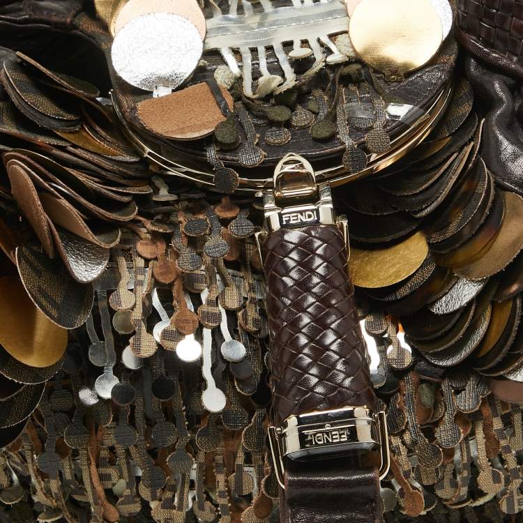 Pre Owned Fendi Choco Brown Leather and Zucca Canvas Embellished Spy Bag