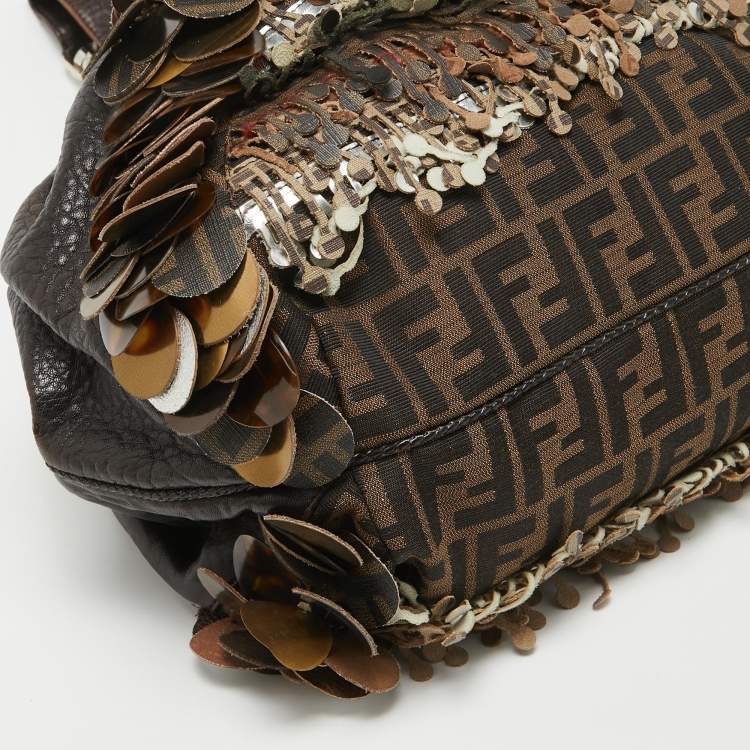 Pre Owned Fendi Choco Brown Leather and Zucca Canvas Embellished Spy Bag