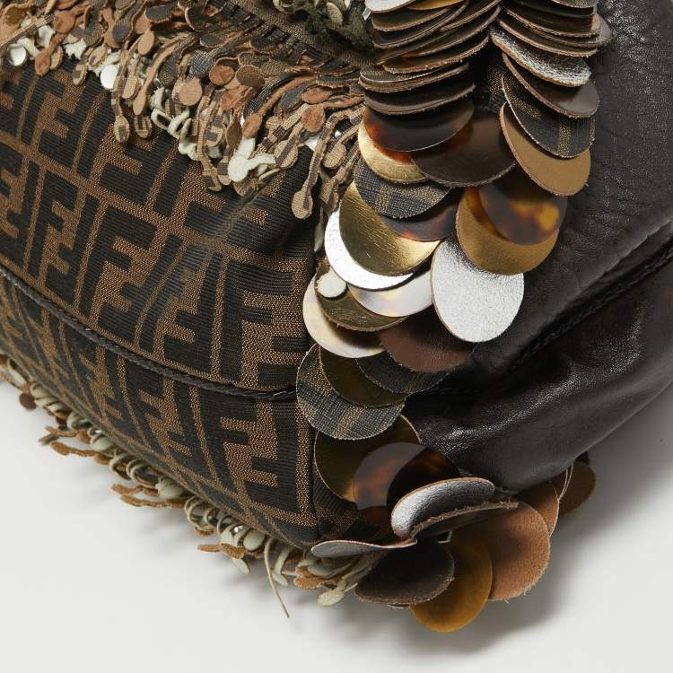 Pre Owned Fendi Choco Brown Leather and Zucca Canvas Embellished Spy Bag