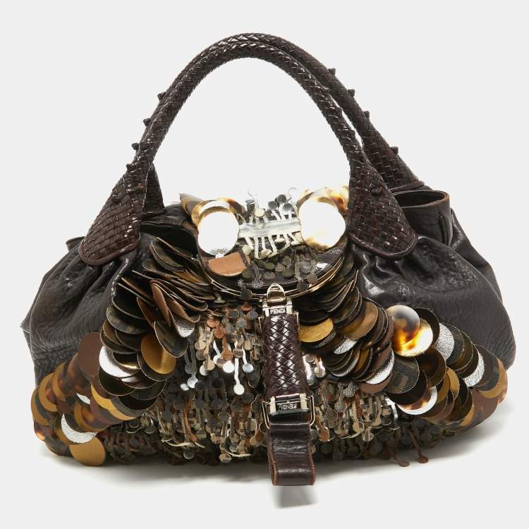 Pre Owned Fendi Choco Brown Leather and Zucca Canvas Embellished Spy Bag