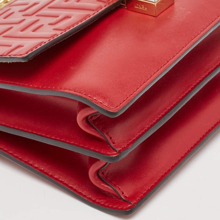 Pre Owned Fendi Red Zucca Embossed Leather Small Kan I Flap Shoulder Bag