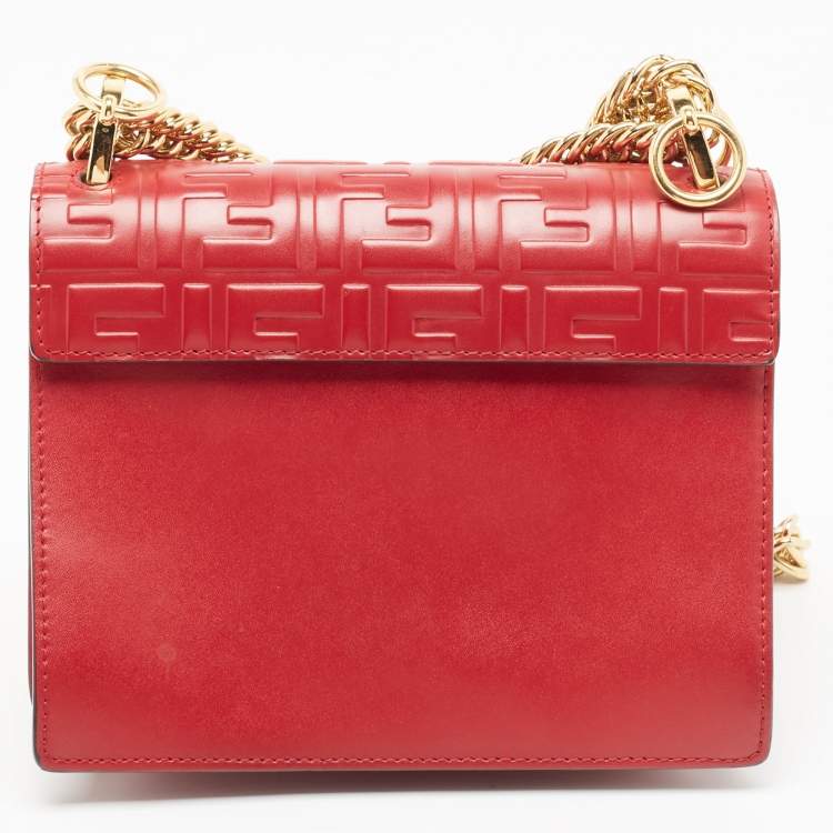Pre Owned Fendi Red Zucca Embossed Leather Small Kan I Flap Shoulder Bag