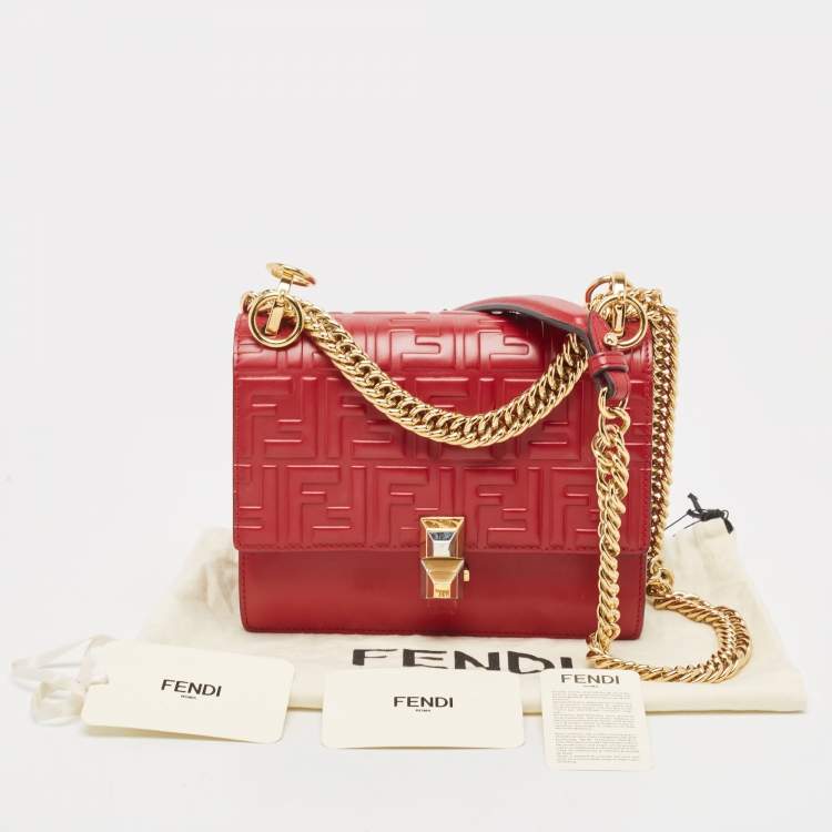 Pre Owned Fendi Red Zucca Embossed Leather Small Kan I Flap Shoulder Bag