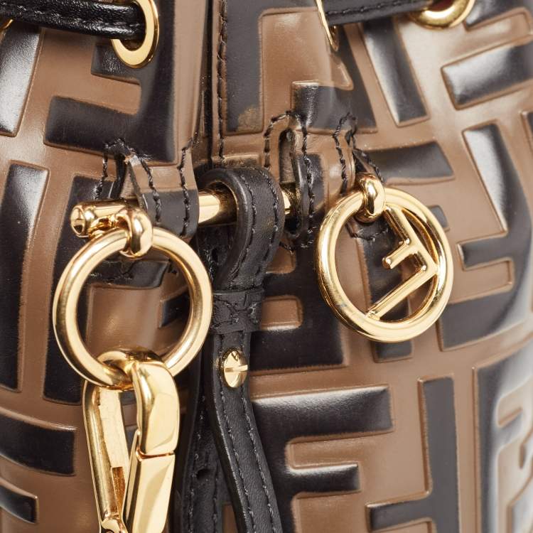 Pre Owned Fendi Brown/Black Zucca Embossed Leather Mini Mon Tresor Drawstring Bucket Bag