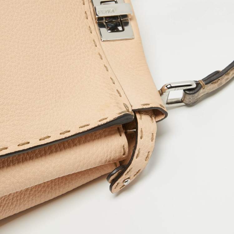 Pre Owned Fendi Peach Selleria Leather and Python Mini Peekaboo Top Handle Bag