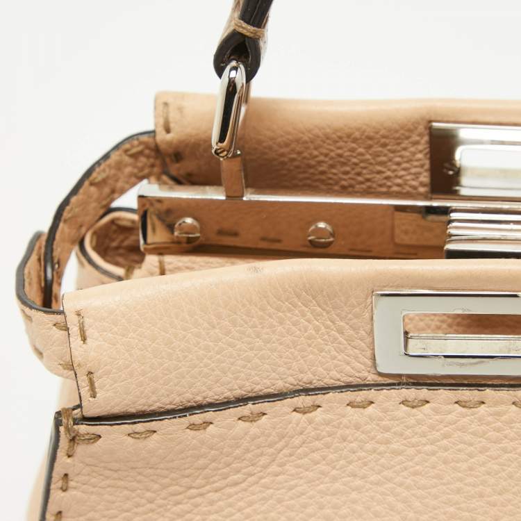 Pre Owned Fendi Peach Selleria Leather and Python Mini Peekaboo Top Handle Bag