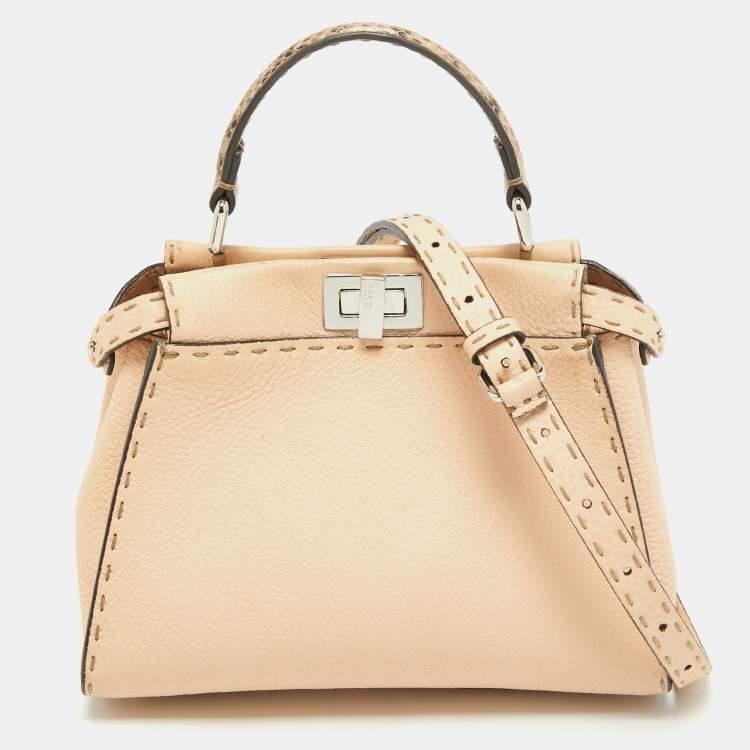 Pre Owned Fendi Peach Selleria Leather and Python Mini Peekaboo Top Handle Bag