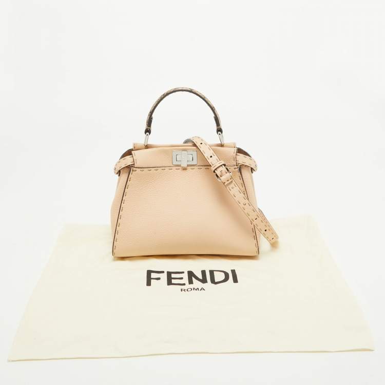 Pre Owned Fendi Peach Selleria Leather and Python Mini Peekaboo Top Handle Bag