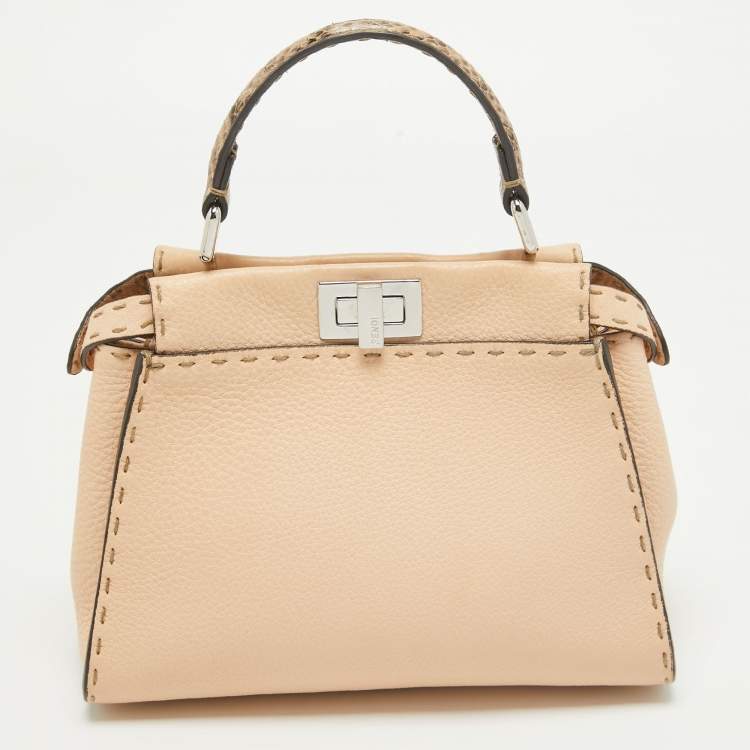Pre Owned Fendi Peach Selleria Leather and Python Mini Peekaboo Top Handle Bag