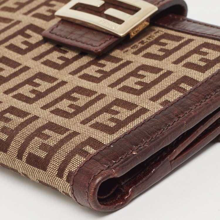 Pre Owned Fendi Brown/Beige Zucchino Fabric and Leather FF French Wallet