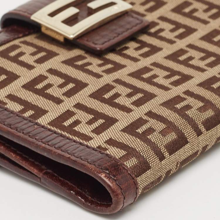 Pre Owned Fendi Brown/Beige Zucchino Fabric and Leather FF French Wallet