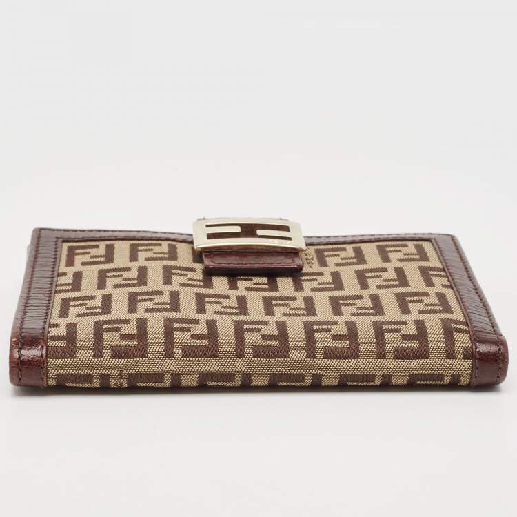 Pre Owned Fendi Brown/Beige Zucchino Fabric and Leather FF French Wallet