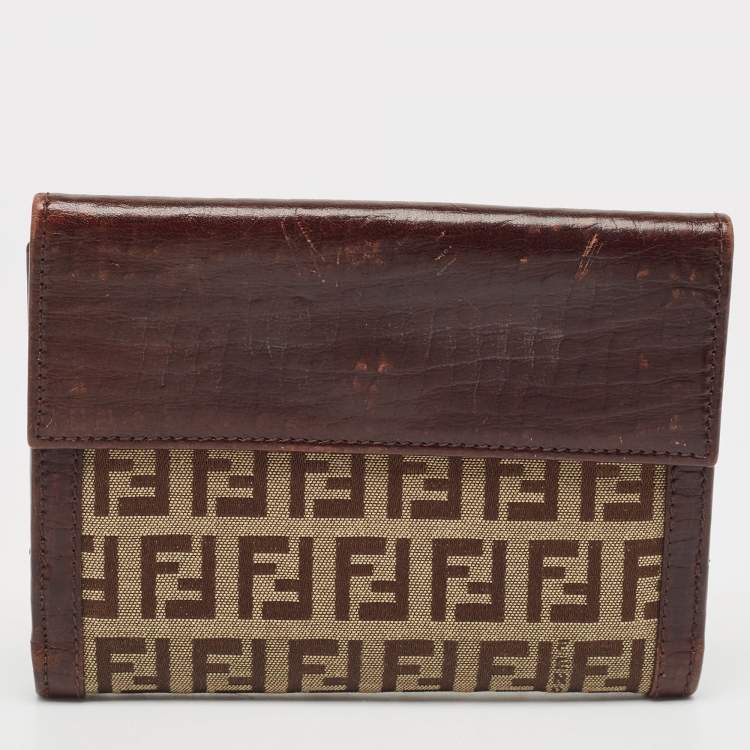 Pre Owned Fendi Brown/Beige Zucchino Fabric and Leather FF French Wallet