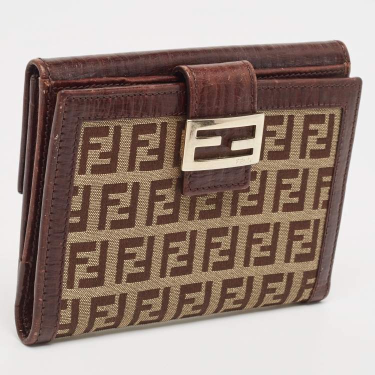 Pre Owned Fendi Brown/Beige Zucchino Fabric and Leather FF French Wallet