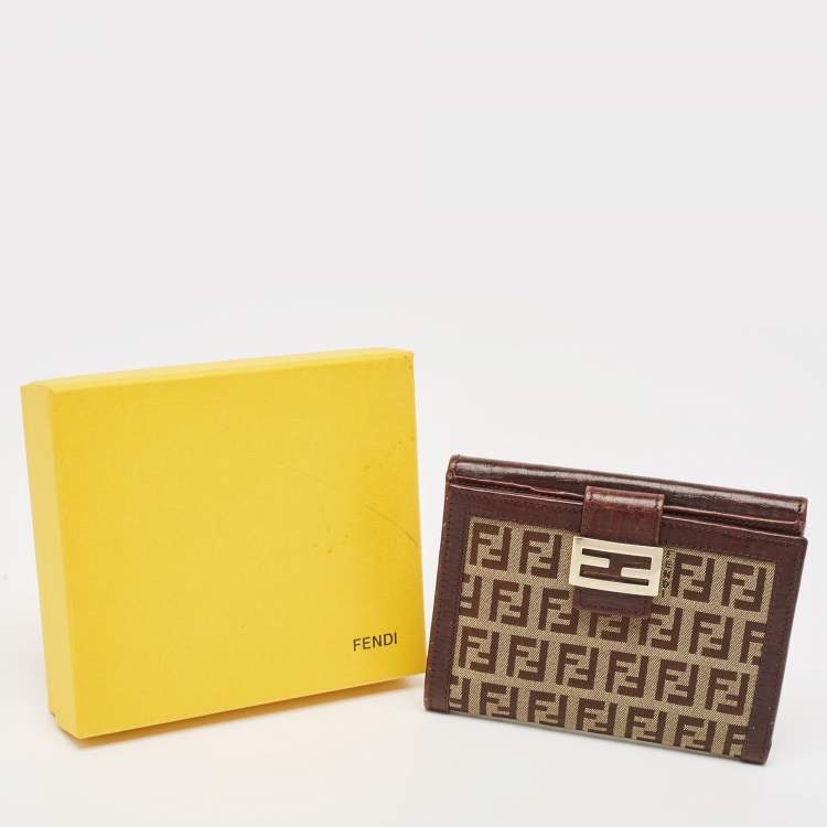 Pre Owned Fendi Brown/Beige Zucchino Fabric and Leather FF French Wallet