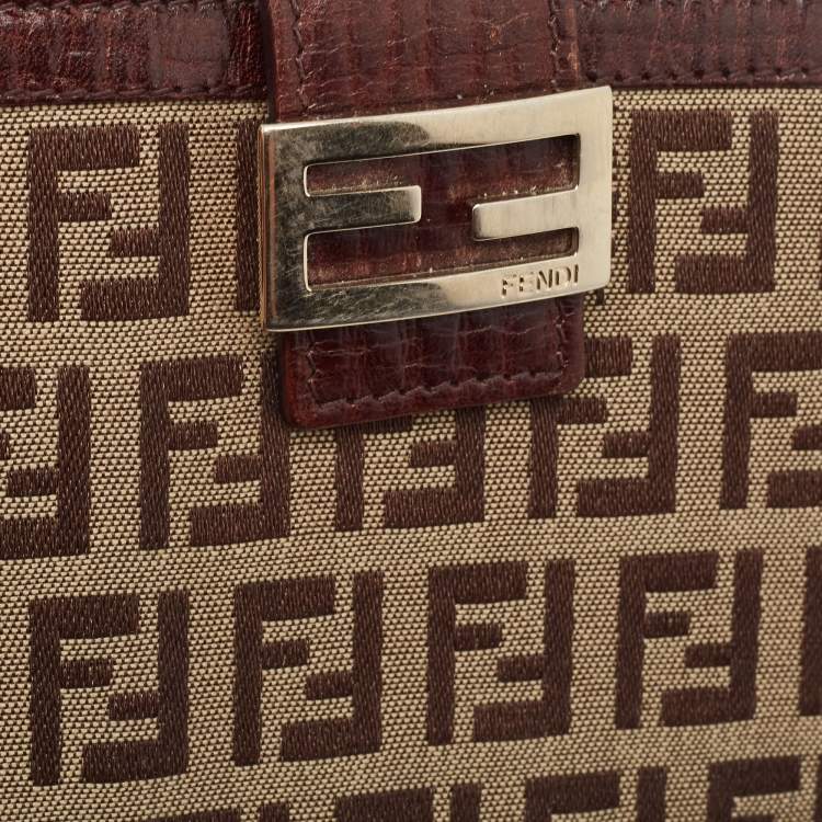 Pre Owned Fendi Brown/Beige Zucchino Fabric and Leather FF French Wallet