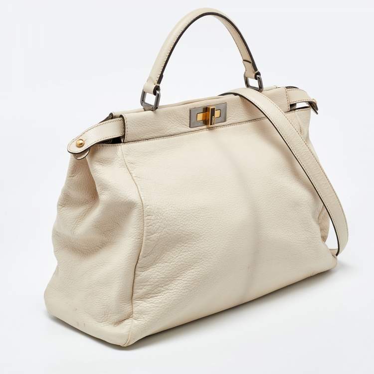 Pre Owned Fendi Beige Leather Large Peekaboo Top Handle Bag
