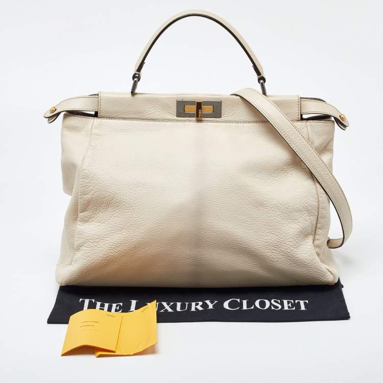 Pre Owned Fendi Beige Leather Large Peekaboo Top Handle Bag