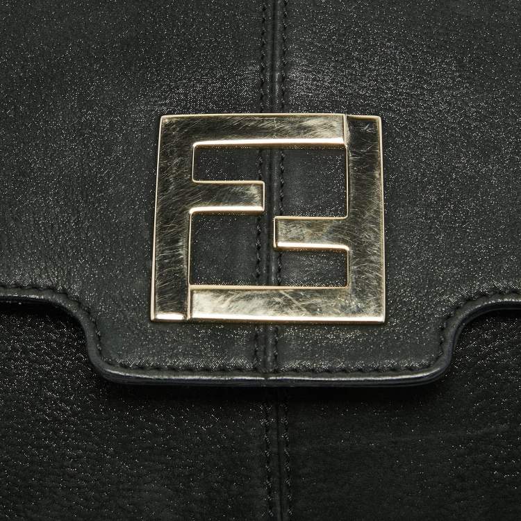 Pre Owned Fendi Black Nubuck Shimmer Leather FF Flap Bag