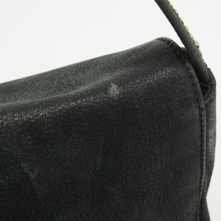 Pre Owned Fendi Black Nubuck Shimmer Leather FF Flap Bag