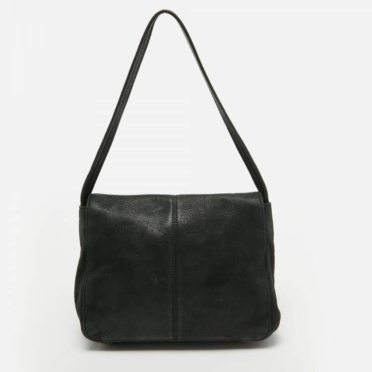 Pre Owned Fendi Black Nubuck Shimmer Leather FF Flap Bag