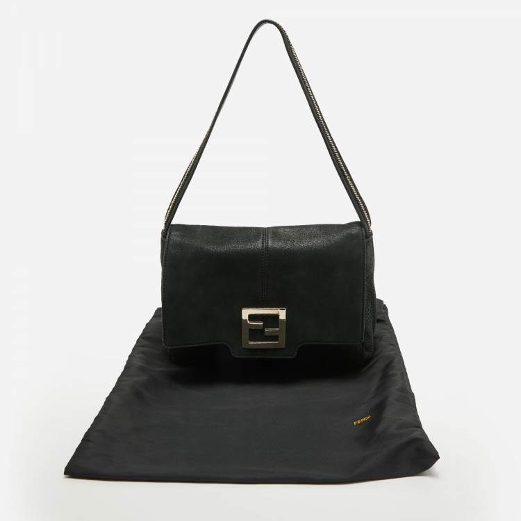 Pre Owned Fendi Black Nubuck Shimmer Leather FF Flap Bag