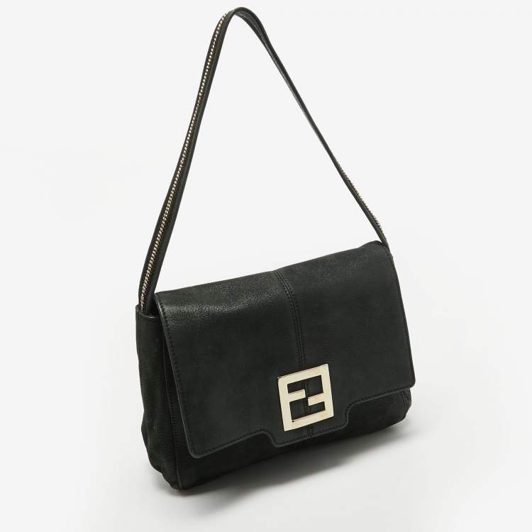 Pre Owned Fendi Black Nubuck Shimmer Leather FF Flap Bag