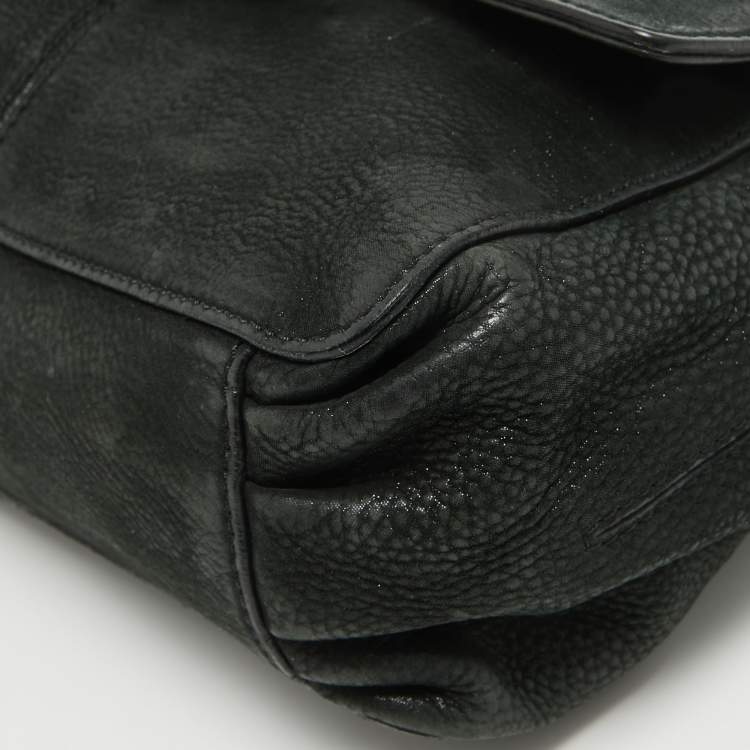 Pre Owned Fendi Black Nubuck Shimmer Leather FF Flap Bag