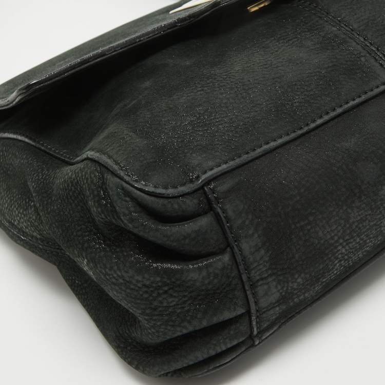 Pre Owned Fendi Black Nubuck Shimmer Leather FF Flap Bag