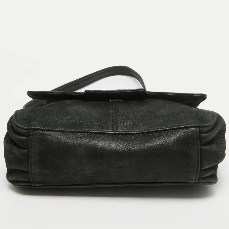 Pre Owned Fendi Black Nubuck Shimmer Leather FF Flap Bag
