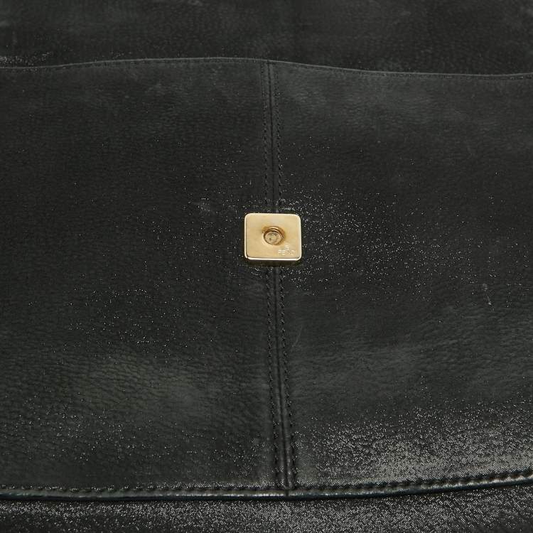 Pre Owned Fendi Black Nubuck Shimmer Leather FF Flap Bag