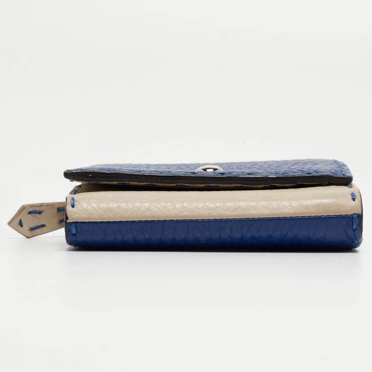 Pre Owned Fendi Blue/White Selleria Leather Flap Compact Wallet