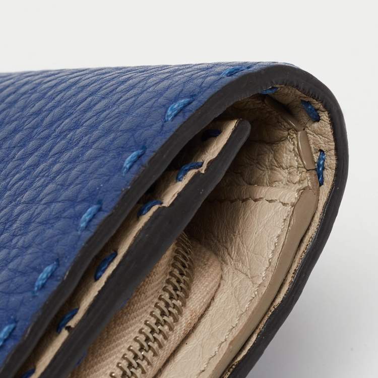 Pre Owned Fendi Blue/White Selleria Leather Flap Compact Wallet
