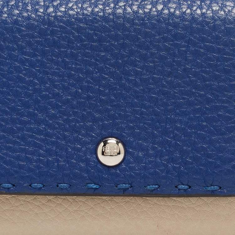 Pre Owned Fendi Blue/White Selleria Leather Flap Compact Wallet