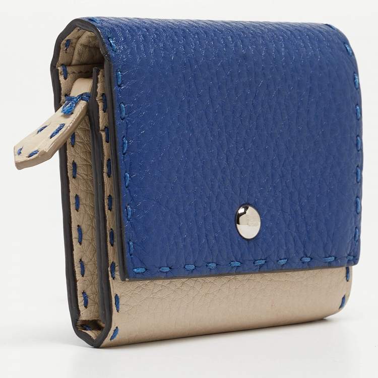 Pre Owned Fendi Blue/White Selleria Leather Flap Compact Wallet