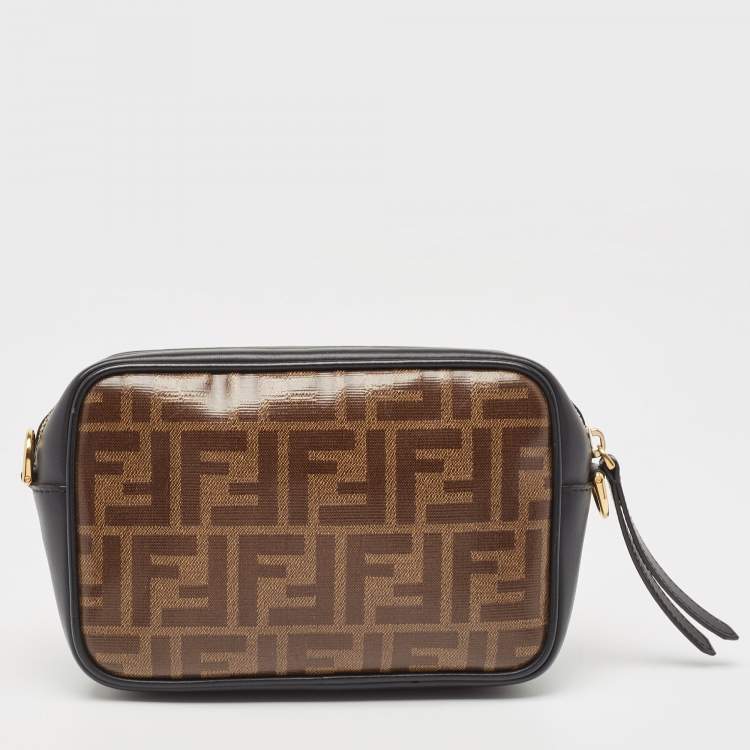 Pre Owned Fendi Tobacco/Black Zucca Coated Canvas and Leather FF 1974 Stamp Patch Camera Bag