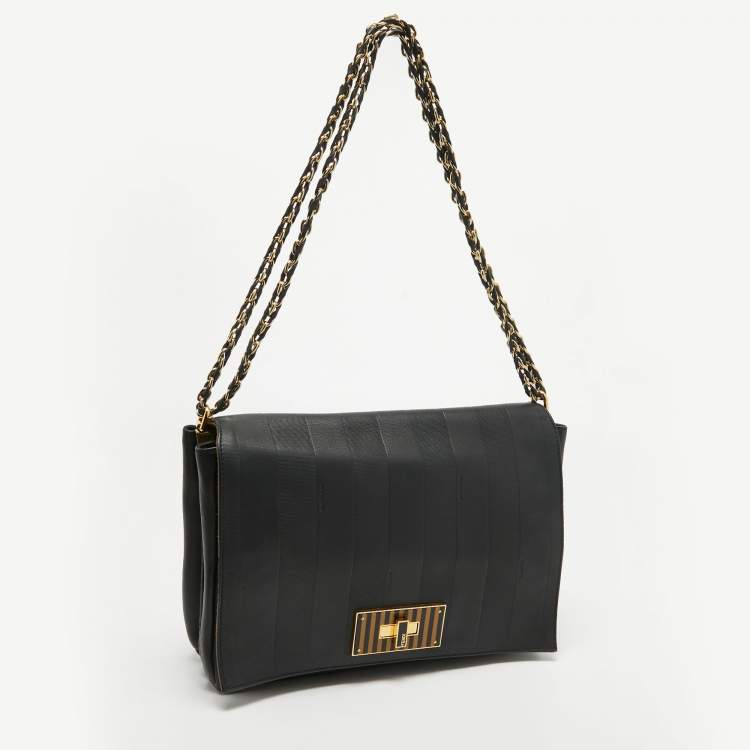 Pre Owned Fendi Black Stripe Embossed Leather Large Claudia Shoulder Bag