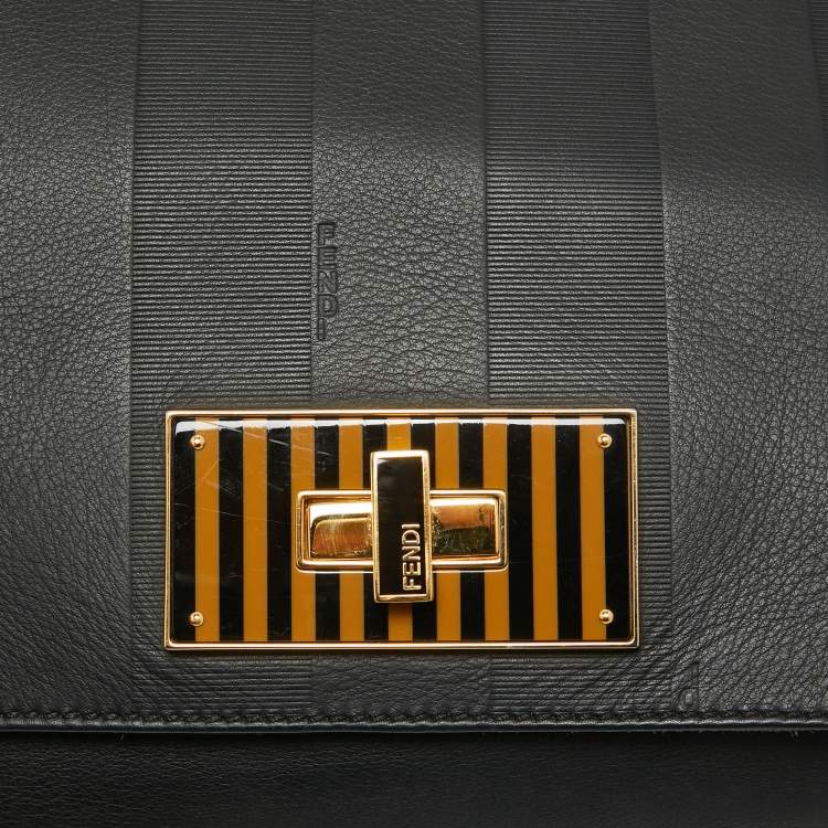 Pre Owned Fendi Black Stripe Embossed Leather Large Claudia Shoulder Bag