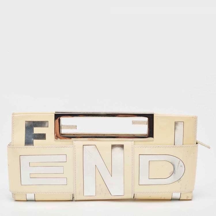 Pre Owned Fendi Cream/Silver Patent Leather Crossword Clutch