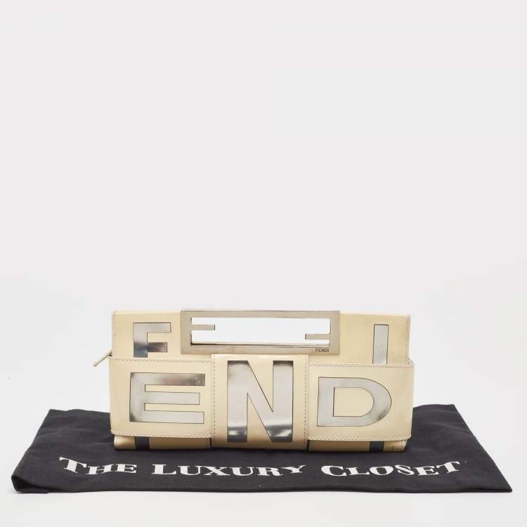 Pre Owned Fendi Cream/Silver Patent Leather Crossword Clutch