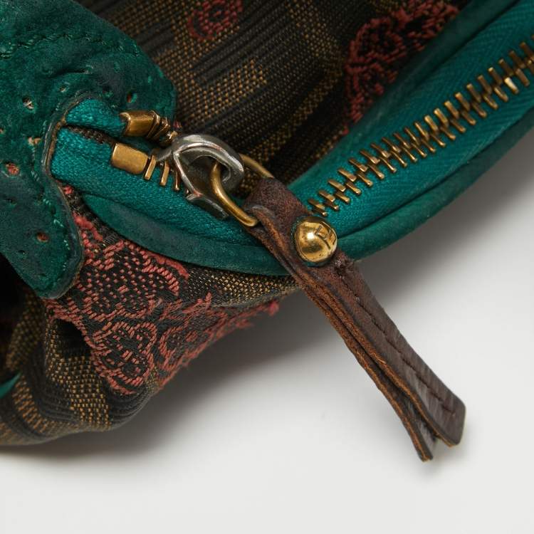 Pre Owned Fendi Brown/Green Zucca Canvas Embroidered Shoulder Bag