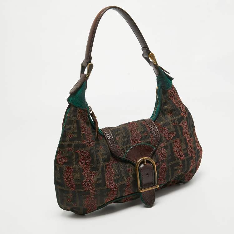 Pre Owned Fendi Brown/Green Zucca Canvas Embroidered Shoulder Bag