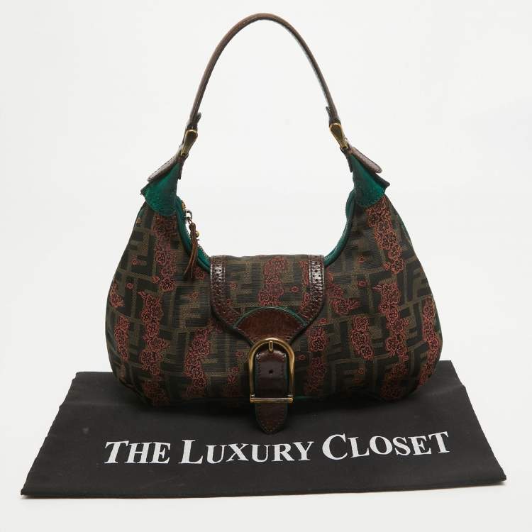 Pre Owned Fendi Brown/Green Zucca Canvas Embroidered Shoulder Bag