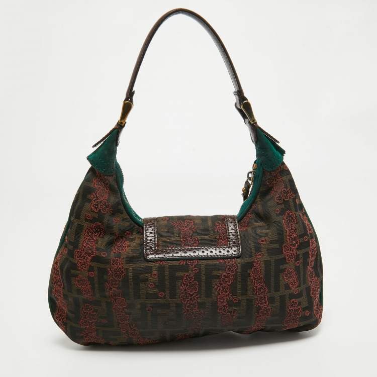 Pre Owned Fendi Brown/Green Zucca Canvas Embroidered Shoulder Bag