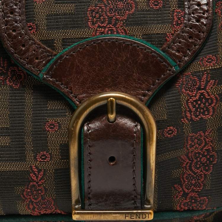 Pre Owned Fendi Brown/Green Zucca Canvas Embroidered Shoulder Bag