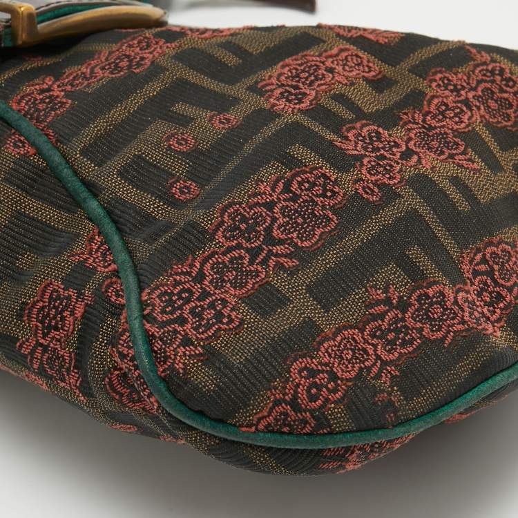 Pre Owned Fendi Brown/Green Zucca Canvas Embroidered Shoulder Bag