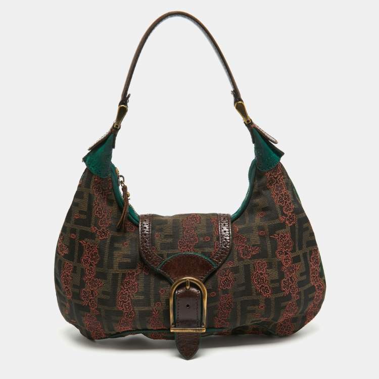 Pre Owned Fendi Brown/Green Zucca Canvas Embroidered Shoulder Bag